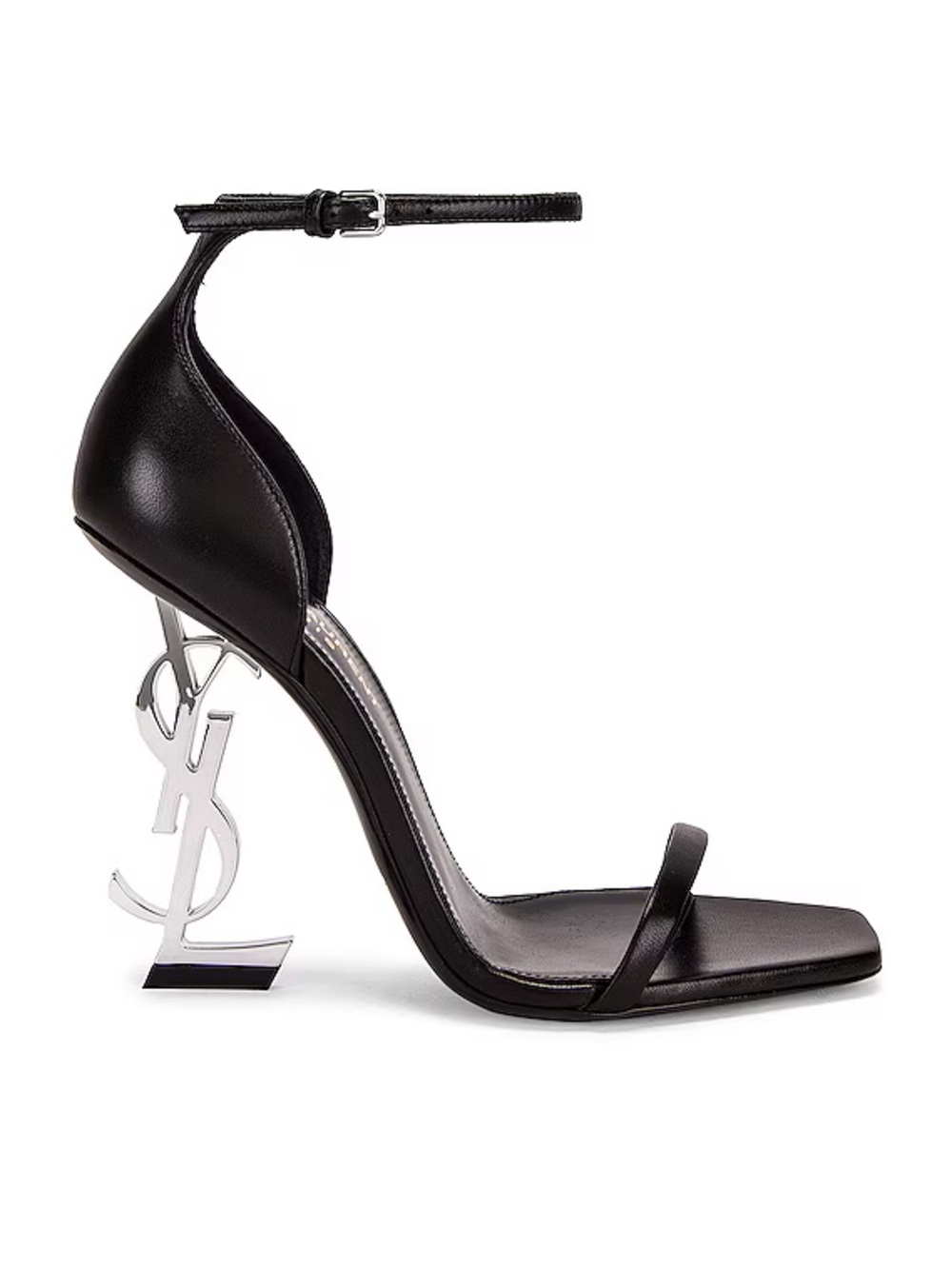 Yves Saint Laurent Black Leather Ankle-Strap Sandal with Silver YSL Heel